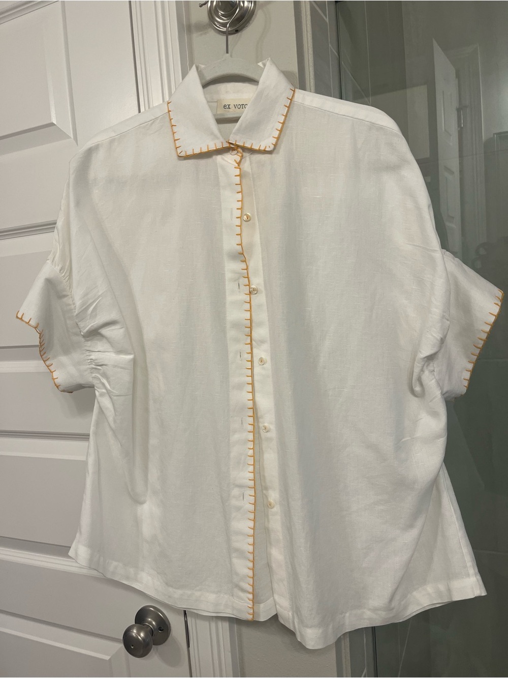 White Cotton/Linen Short-Sleeve Button-Up Shirt w/Peachy Orange Embroidery Trim